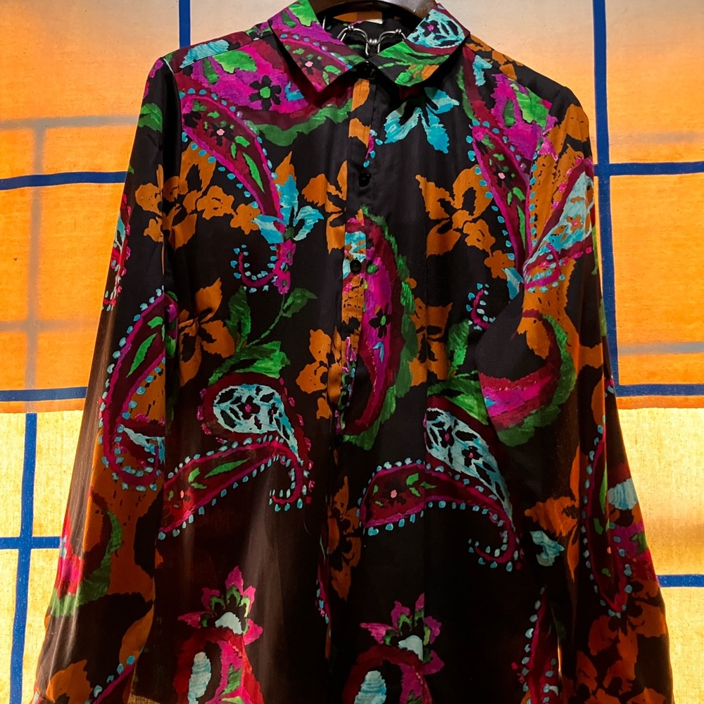 Foxcroft Black Blouse with Multicolor Paisley Accents
